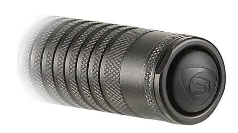 Close-up of the tail switch on the Beast-Mode 375-Lumen Dual-Switch Tactical Flashlight With TEN-TAP Programmable Modes.