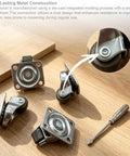 Premium Mini Swivel Casters 4 Pack No Drill Furniture Wheels Smooth Roll Silent Plates Brown on wooden surface with screwdriver.