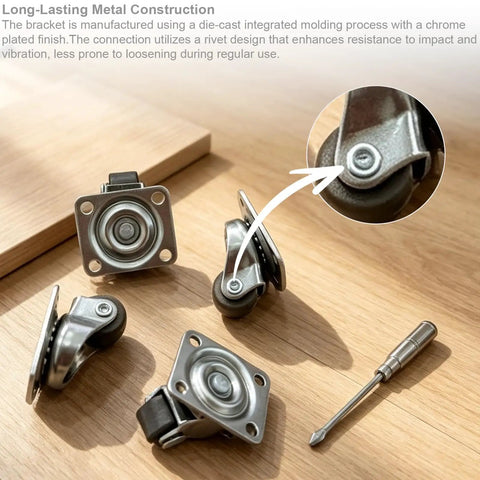 Premium Mini Swivel Casters 4 Pack No Drill Furniture Wheels Smooth Roll Silent Plates Brown on wooden surface with screwdriver.