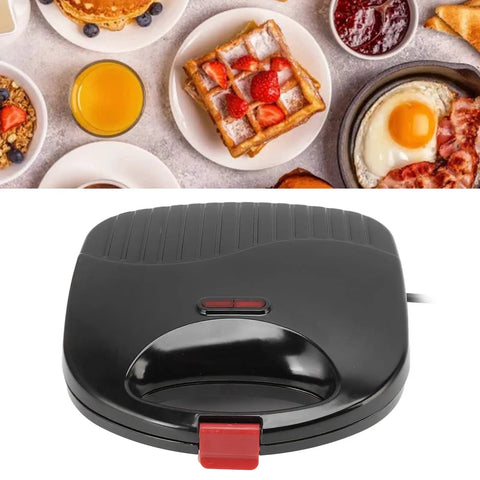 Compact 750W Electric Panini Press Grill And Double Sided Sandwich Maker Featuring Durable Nonstick Coating resting on kitchen counter.