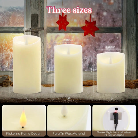 Rechargeable Flickering LED Candles With Remote Control Flameless Pillar Candles With Built In Battery Real Wax Look In RGB And Warm White Cozy For Home Decor Christmas And Party Ambiance displayed in three sizes by window
