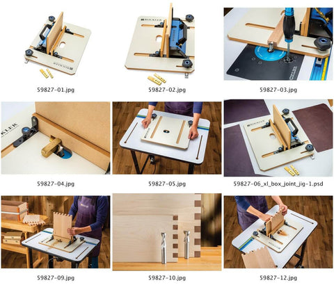 Box Joint Router Jig With Precision Indexing For Router Table, Smooth Glide Sled, showing various woodworking setups.
