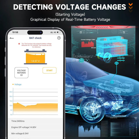 Smartphone screen showing BD200 Bluetooth OBD2 Scanner With Exclusive App On iOS And Android DIY Friendly Code Reader For Check Engine And Battery Diagnostics Wireless OBDII Adapter Works With 1996 And Newer Vehicles displaying battery voltage.