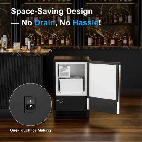 Drainless Under Counter Ice Maker 15 Inch Wide With 12 Lb Storage Crescent Ice No Drain Needed Stainless Steel open in kitchen