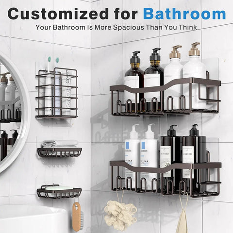Five Piece No Drill Adhesive Shower Caddy Set With Rustproof Stainless Steel Bathroom Organizer on tiled bathroom wall