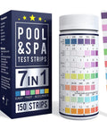 Front view of 7 In 1 Spa And Pool Test Strips, 150 Count Water Testing Kit For Chlorine, Bromine, PH, Hardness, Alkalinity, Cyanuric Acid And More With Easy Color Chart For Quick Accurate Readings.