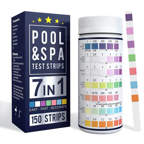 Front view of 7 In 1 Spa And Pool Test Strips, 150 Count Water Testing Kit For Chlorine, Bromine, PH, Hardness, Alkalinity, Cyanuric Acid And More With Easy Color Chart For Quick Accurate Readings.