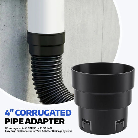 Side view of a 4-inch PVC to corrugated pipe adapter in black plastic connecting corrugated drain pipe to 4-inch PVC.