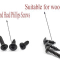 Fifty Pack M4 X 12 Millimeter Self Drilling Screws Carbon Steel Black Finish Phillips Drive Round Head Rust Resistant Hardware Heavy Duty Fasteners For Wood And Metal Jobs Built Tough And Slick Drive shown in close-up.