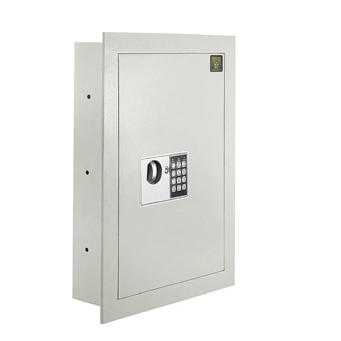 Hidden In-Wall Safe With Keypad And Two Manual Override Keys For Home Or Office, low-profile vault in white, angled view