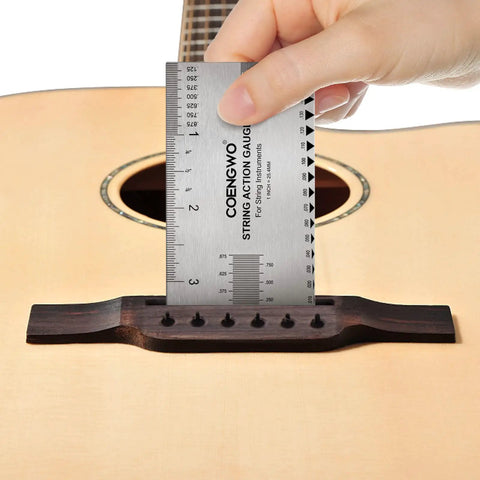 Guitar String Action Gauge And Height Ruler Setup Kit For Precise String Height, Saddle Slot, Nut And Pole Piece Measurements, Stainless Steel String Gauge Tool For Guitar, Bass, Mandolin, Banjo on acoustic bridge