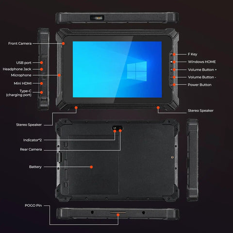 Ready For The Daily Grind 8 Inch Rugged Windows Tablet With Built In Barcode Scanner And Intel Celeron N4680 Running Windows 11 Pro side view showing ports and controls.