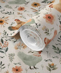Top Tier Matte Wallpaper Featuring Pastel Hen Pattern And Subtle Linen Texture Heavy Duty PVC Free Wallcovering For Kitchens Bathrooms And Hallways Zero Hassle Paste To Paper Application rolled out displaying floral and hen designs.