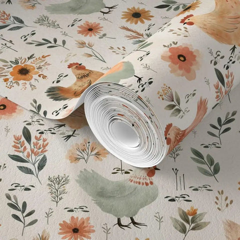 Top Tier Matte Wallpaper Featuring Pastel Hen Pattern And Subtle Linen Texture Heavy Duty PVC Free Wallcovering For Kitchens Bathrooms And Hallways Zero Hassle Paste To Paper Application rolled out displaying floral and hen designs.
