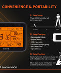 SC300i Portable Golf Launch Monitor And Swing Analyzer showing LCD screen with shot data and setup instructions on a dark background.