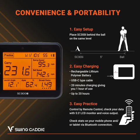 SC300i Portable Golf Launch Monitor And Swing Analyzer showing LCD screen with shot data and setup instructions on a dark background.