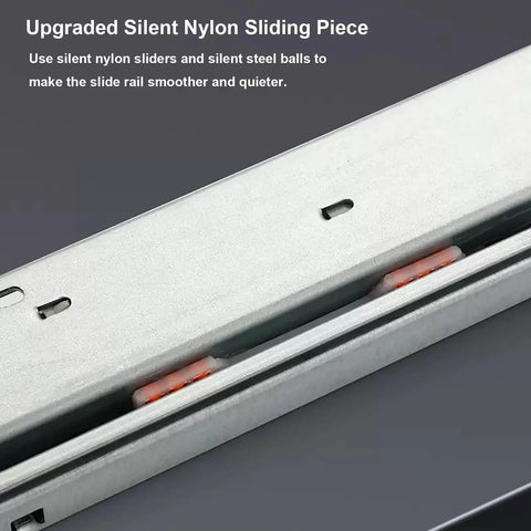 Sturdy Drawer Slides With 45kg Capacity, 70cm Bottom Mount, smooth gliding rails showing nylon sliding piece for cabinets.