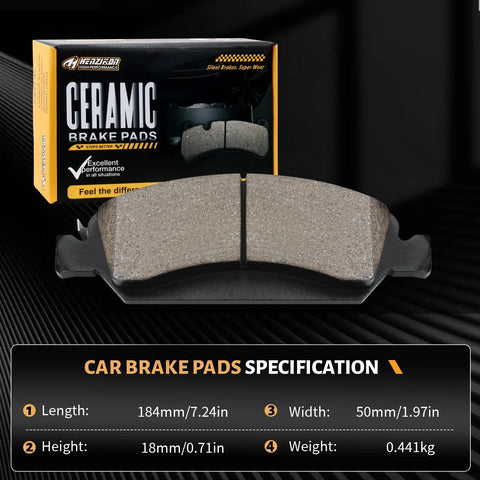 Ceramic Front Brake Pad Set For Cadillac Escalade ESV EXT XTS And Chevrolet Avalanche Silverado Express Suburban Tahoe GMC Savana Sierra Yukon For 6 Lug And 6 Stud Wheels Quiet Smooth Stop Power Heavy Duty Performance showing product specification details.