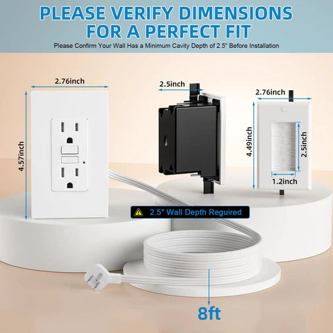 In Wall Cable Management Kit With Two GFCI Outlets 15 Amp Tamper Resistant Receptacles LED Indicator Light 8 Ft Cord TV Wire Hider For Wall UL Listed No Fuss Setup, showing components and dimensions for wall fitment.