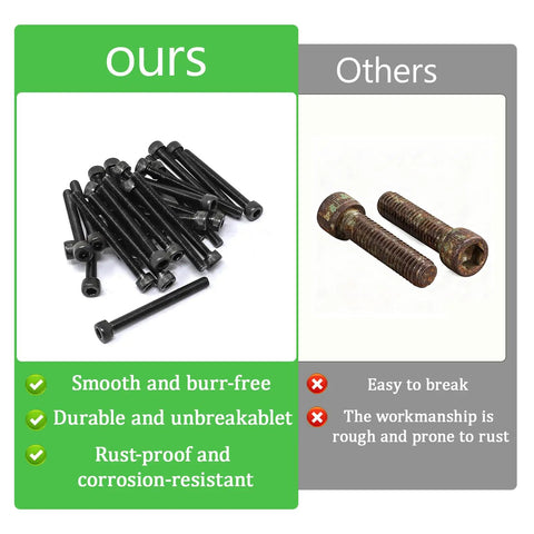 Comparison of 100-Piece M3 X 45mm Hex Socket Head Cap Screws Bolts In Carbon Steel With Black Oxide Finish to rusty alternatives