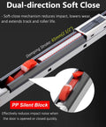 Dual Soft Close Sliding Barn Door Hardware Kit With Aluminum Rail System And Buffer Rollers For No Sweat Quiet Smooth Operation And Easy Install Closet Door Hardware In Champagne Finish Two Point Four Meter Rail Length, showing dual-direction soft close feature and PP silent block.