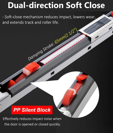 Close-up of the dual-direction soft close mechanism on Smooth Rolling Sliding Barn Door Track With Quiet Soft Close Hardware.