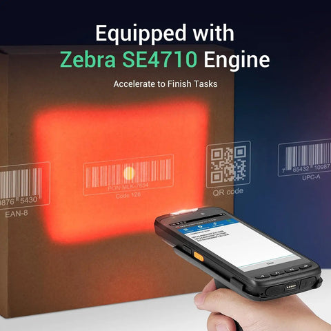 Rugged Android 11 Handheld Barcode Scanner With Pistol Grip scanning barcodes on a package with Zebra SE4710 engine visible.