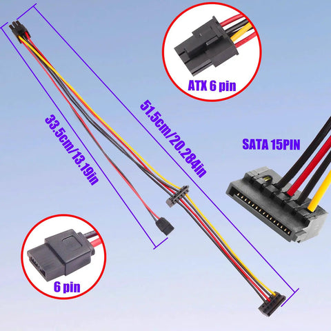 ATX 6 Pin To Dual SATA Power Adapter Cable 19.6 In Long One To Two SATA Power Splitter For HDD SSD And Optical Drive PC Build Extension Juiced Up Power Port Expansion, 19.6in cable