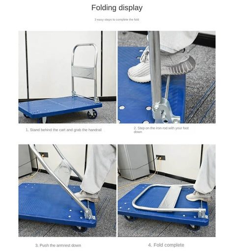 Heavy Duty Folding Platform Hand Truck With Wheels And Textured Plastic Deck, Metal Handle For Easy Hauling, folded cart shown in 4-step demo