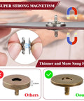 Comparison of magnetic snaps highlighting super strong magnetism in Leather Craft Rivets And Magnetic Snaps Kit With 160 Double Cap 10mm Rivets And 20 Magnetic Buttons In 4 Colors Including 18mm Snap Fasteners For Purses Totes Belts Boots And Other DIY Leather Projects