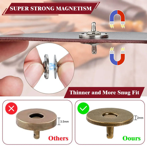 Comparison of magnetic snaps highlighting super strong magnetism in Leather Craft Rivets And Magnetic Snaps Kit With 160 Double Cap 10mm Rivets And 20 Magnetic Buttons In 4 Colors Including 18mm Snap Fasteners For Purses Totes Belts Boots And Other DIY Leather Projects