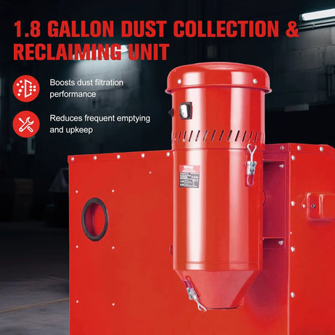 Red 1.8 gallon tank of Beast 1.6 HP Industrial Dust Collector with universal fit for sandblasting cabinets, boosts dust filtration.