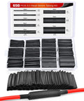 650-Piece Heat Shrink Tubing Kit With 3:1 Shrink Ratio, multicolor sleeves in box and insulated wire close-up