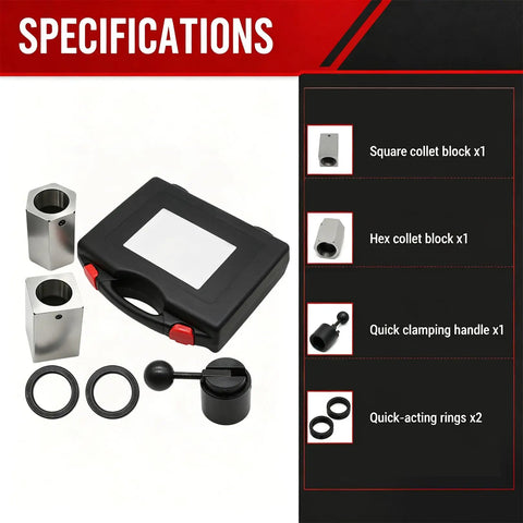 Bad Ass 5C Collet Block And Square Hex Closer Fit For Lathes Mill Drill And Grinders Taking 1 16 To 1 1 8 Inches kit components including square, hex blocks, handle and rings.