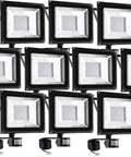 Heavy Duty 100W Led Flood Lights With PIR Motion Sensor, 8000 Lumen Warm White Outdoor Security Wall Fixture, Ip65 Waterproof Backyard Spotlight, Knockout Brightness And Built Like A Tank Ten Pack, shown in bulk configuration.