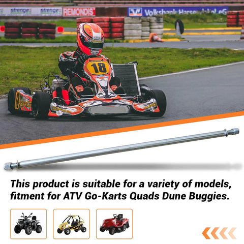 Beefed Up Heavy Duty 1 Inch Diameter 36 Inch Steel Axle Rod With Step Down From One Inch To Three Quarter Inch And Three Quarter Inch By Sixteen Fine Thread Plus One Quarter Inch Keyway For ATVs Go Karts Quads And Dune Buggies displayed below a racing go-kart