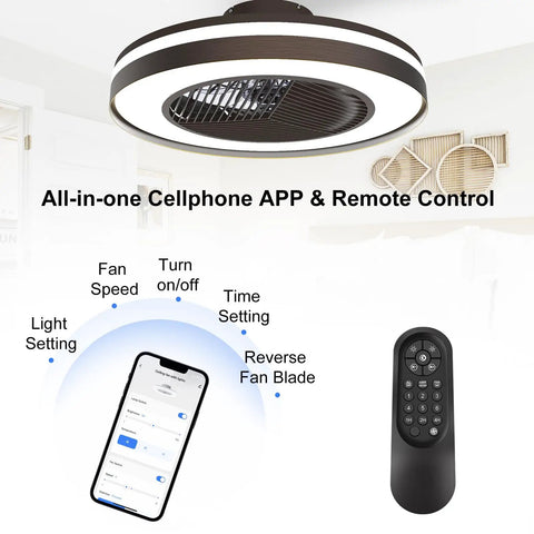 Smart Ceiling Fan With Lights Remote Control Dimmable LED Lighting 20 Inch Enclosed Bladeless Fan Semi Flush Mount app remote control