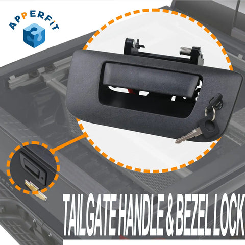 Heavy Duty Locking Tailgate Handle Latch Kit With Trim Bezel And Lock Cylinder, close-up view with key.