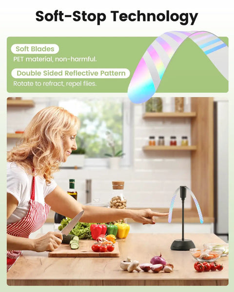 Woman using Four Pack Table Fans With Flexible Gooseneck And Soft Blades, AA Battery Powered Portable Silent Fans for kitchens.