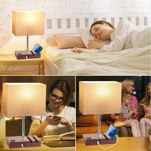 Fully Dimmable Bedside Lamp With USB Charging Station And Built In Outlet Small Chill Wood Table Lamp With Phone Stand