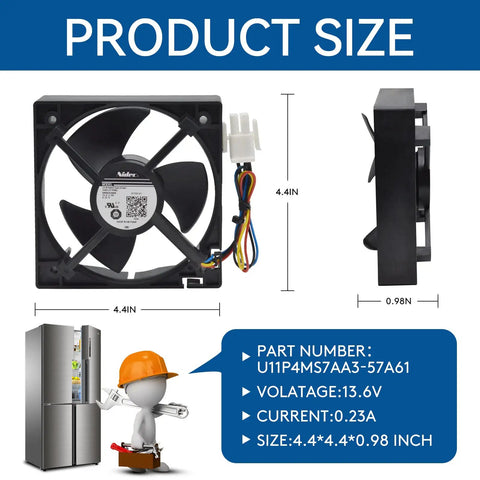Upgraded Fridge Evaporator Fan Motor WR60X25858 WR60X10340 OEM Replacement For GE Refrigerators with dimensions shown