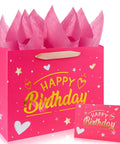 Birthday Gift Bag With Tissue Paper And Greeting Card, 13 Inch Gift Bag With Gold Foil Happy Birthday Design And Ribbon Handles