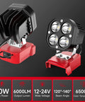 Cordless LED Work Light 40W 6000 Lumens 6500K for outdoors and job site use with 120 degree adjustable beam and Milwaukee 18V