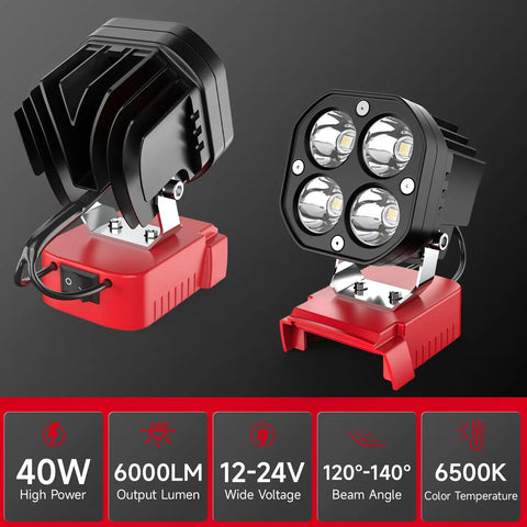 Cordless LED Work Light 40W 6000 Lumens 6500K for outdoors and job site use with 120 degree adjustable beam and Milwaukee 18V