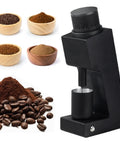 Single Dose Burr Coffee Mill With Anti Static Build And Magnetic Catch Cup serving coffee grounds and beans