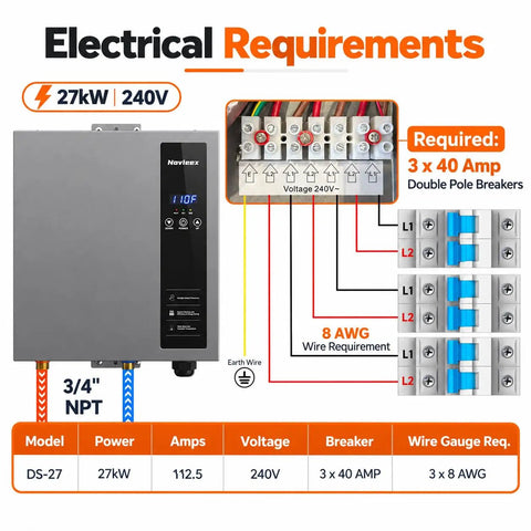 Heavy Duty 27KW Electric Tankless Water Heater With 240V Input And 7.4 GPM Throughput connecting to electrical setup diagram.