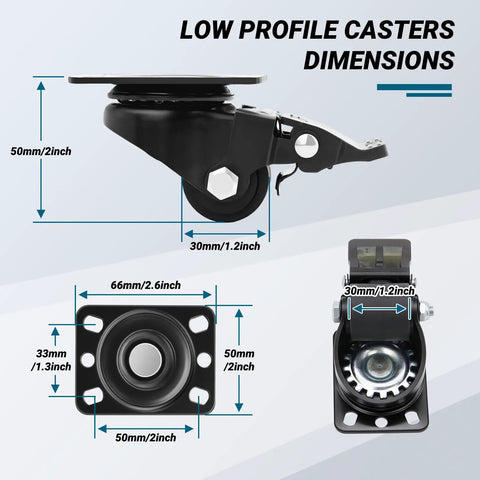 Dimensions of Low Profile 30mm Plate Casters Set Of 4 Beefy Heavy-Duty Nylon Wheels 1100 Lbs Capacity Anti-Wear With 4 Brakes