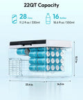 22Qt Portable Car Fridge And Freezer With Dual 12V Dc And 110V Ac Plugs, showing capacity for 28 cans and 16 bottles.