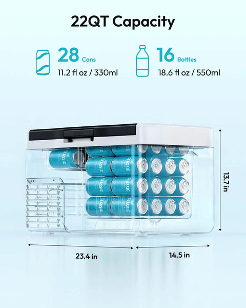 22Qt Portable Car Fridge And Freezer With Dual 12V Dc And 110V Ac Plugs, showing capacity for 28 cans and 16 bottles.