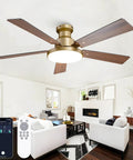 Straight Up Stunning 52 Inch Low Profile Gold Ceiling Fan With Huge LED Light Panel Plus Smart App Remote Control in modern living room.